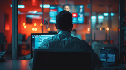 Office worker at cubicle with laptop