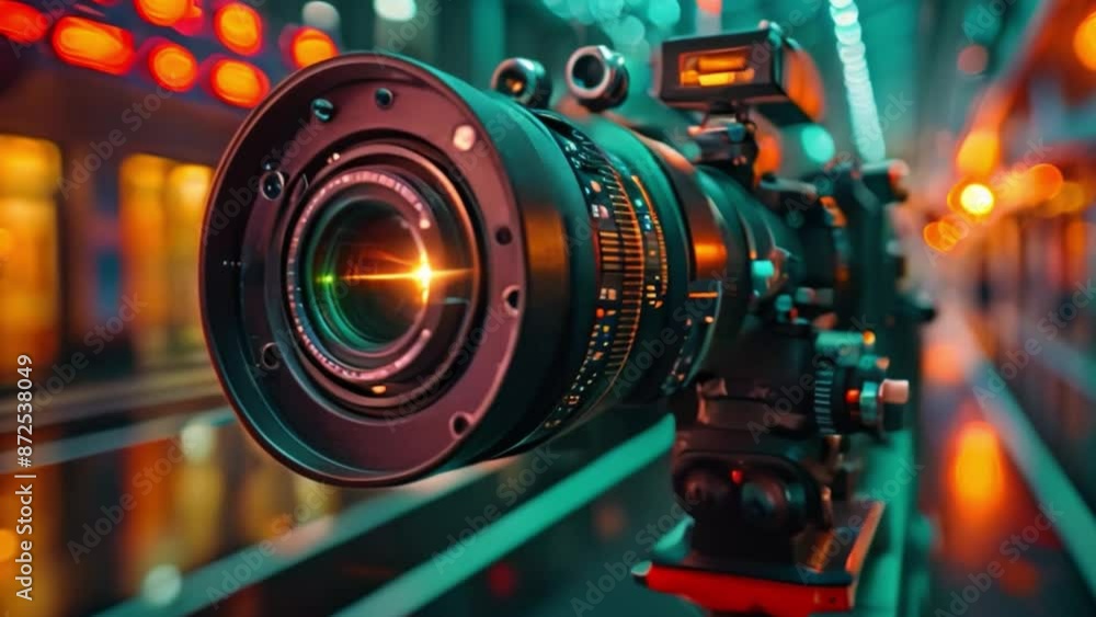 Poster this camera lens close-up with bokeh lights. podcast and streaming concept