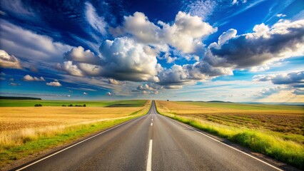Asphalt Road Leading Through Fields Under a Dramatic Sky