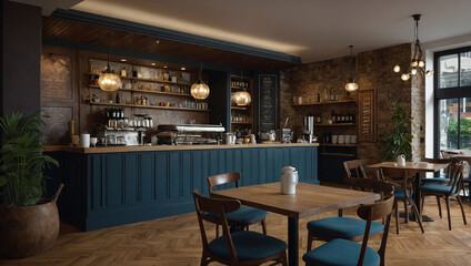 a restaurant with a large wooden table and chairs.