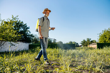 Senior agricultural worker spraying crops with backpack sprayer.