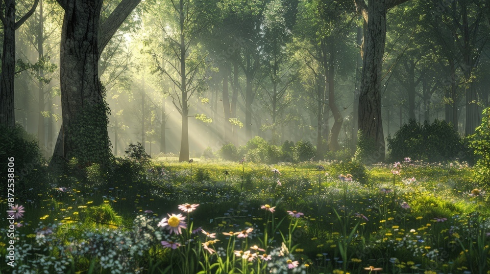 Aufkleber capture the essence of a serene forest glade, with dappled sunlight filtering through the trees and 