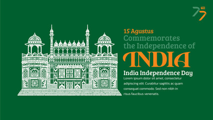 Naklejka premium India Independence Day Banner. Hand-Drawn Red Fort with Trendy Stamp. 15th Agustus Celebration