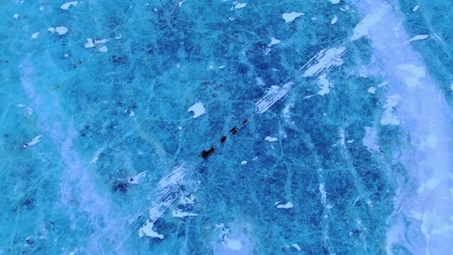 Aerial Top Panning Shot Of Dogs Pulling Man On Sled Over Frozen Landscape - Calico Bluff, Alaska