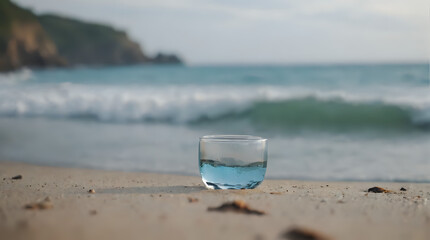 Naklejka premium a glass of water sitting on the beach near the ocean