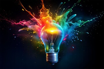 Creative light bulb explodes with colorful paint and splashes on a black background. Think differently creative idea concept