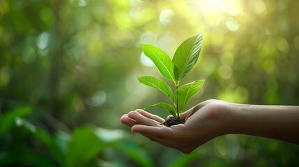 Human hand holding a plant growing on the ground, Preserving the environment and nature conservation.
