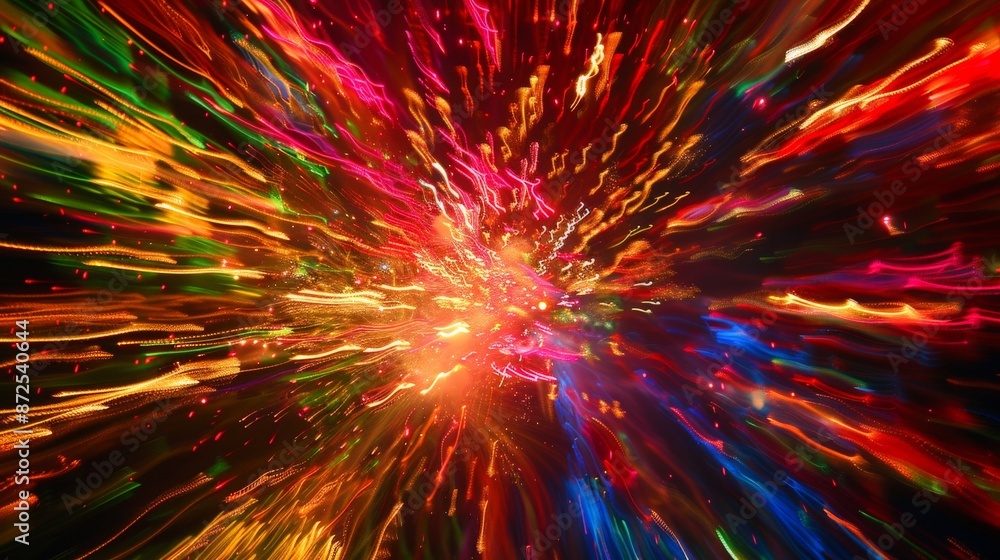 Poster capture the excitement of a fireworks display, with the motion blur of exploding colors creating a v