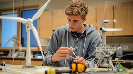 Male student working on a wind energy project, assembling model wind turbines for testing and analysis.
