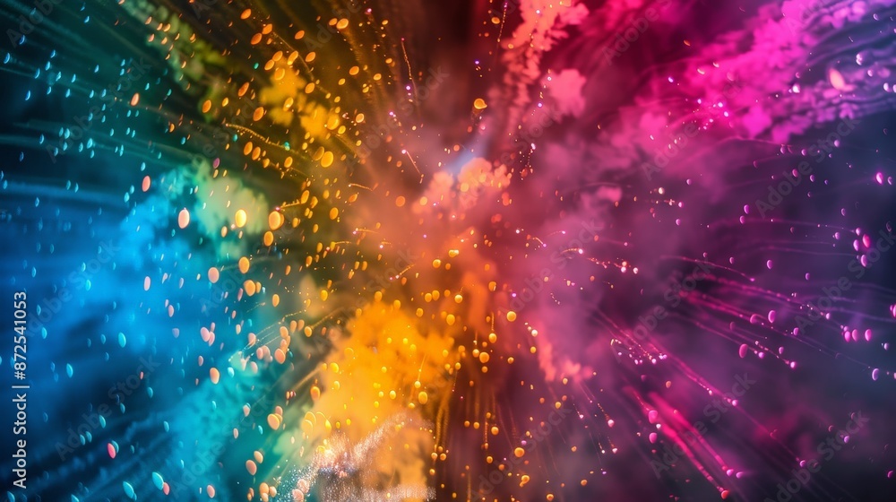 Poster capture the excitement of a fireworks display, with the motion blur of exploding colors creating a v