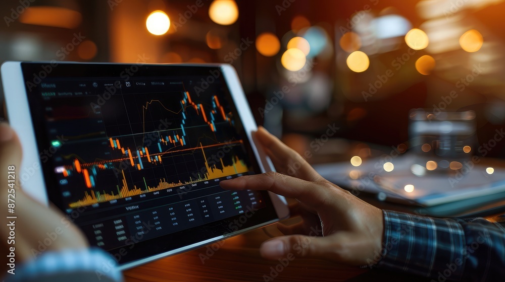 Poster a digital tablet displaying a rising stock graph with a golden overlay, held by a businessperson in 