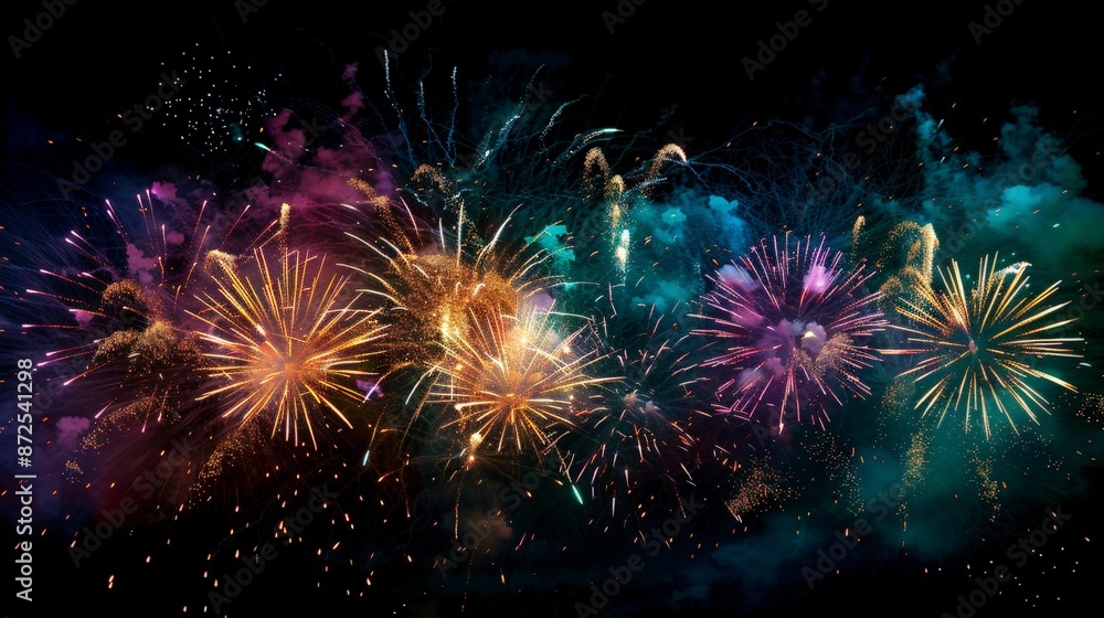 Poster capture the excitement of a fireworks display, with the motion blur of exploding colors creating a v