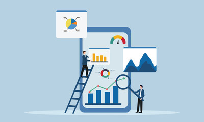 People analyse data online and prepare graph reports on a mobile. Finance report graph data analytics concepts. Flat vector illustration.