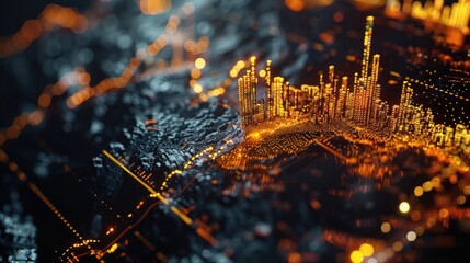 A futuristic stock market dashboard with gold elements integrated into the graphs, emphasizing the synergy between stocks and gold.