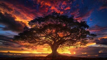 A majestic tree with sprawling branches, its silhouette standing tall against a backdrop of a vibrant sunset sky.