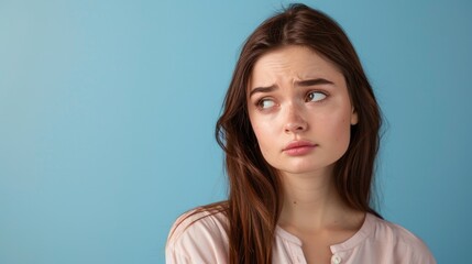Fototapeta premium Photo Of A Young Woman With Brown Straight Hair Looking To The Side, Showing An Unimpressed And Distressed Expression