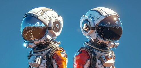 Two Astronauts in Space Suits Against a Blue Sky Background