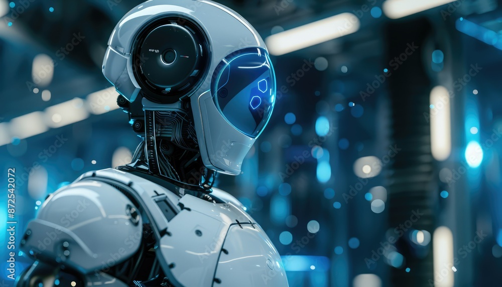 Poster a sophisticated, futuristic robot thrives in an advanced technology setting with its hightech design