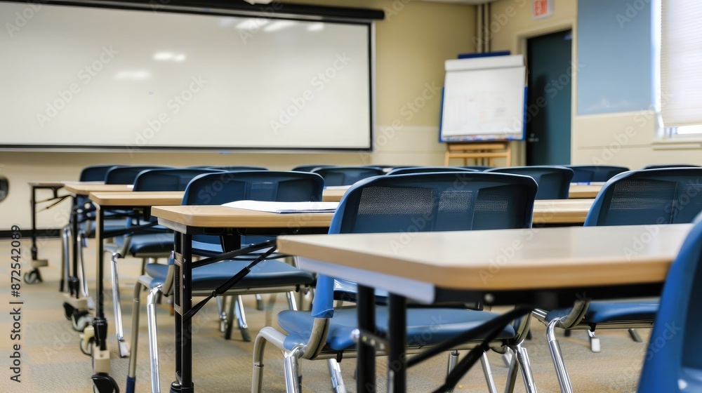 Poster classroom setup with a long table and several chairs arranged neatly, whiteboard in the background
