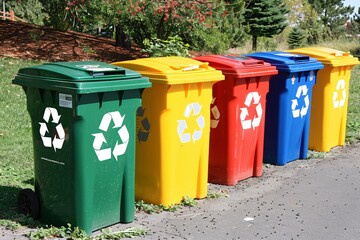Recycling bins. Colorful trash cans in a row in the city. Recycling concept.