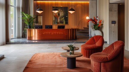 Chic hotel lobby with modern furniture, a reception desk, and stylish decor