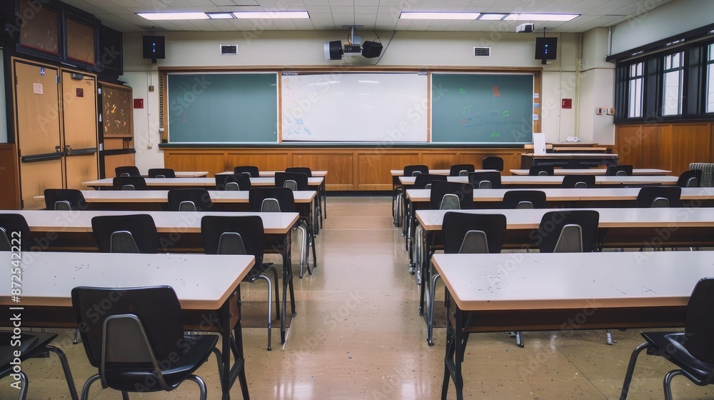 Poster classroom setup with a long table and several chairs arranged neatly, whiteboard in the background