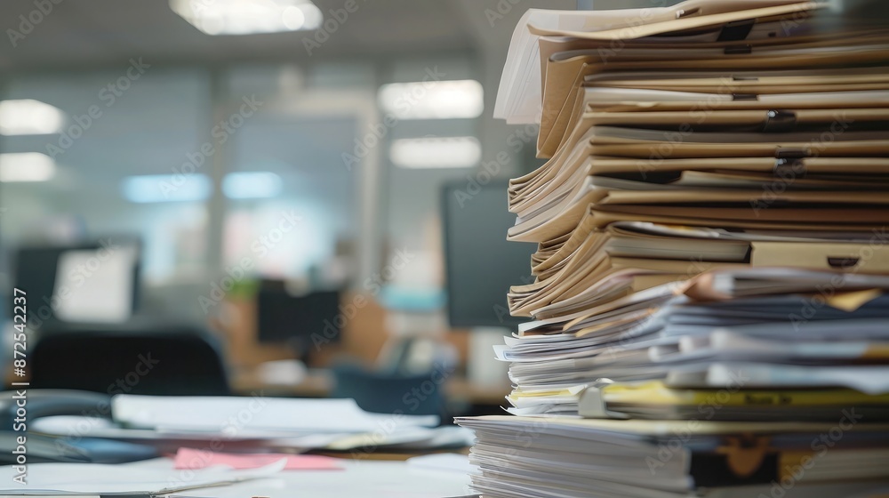 Poster close-up of a pile of reports and files with an office cubicle in the background