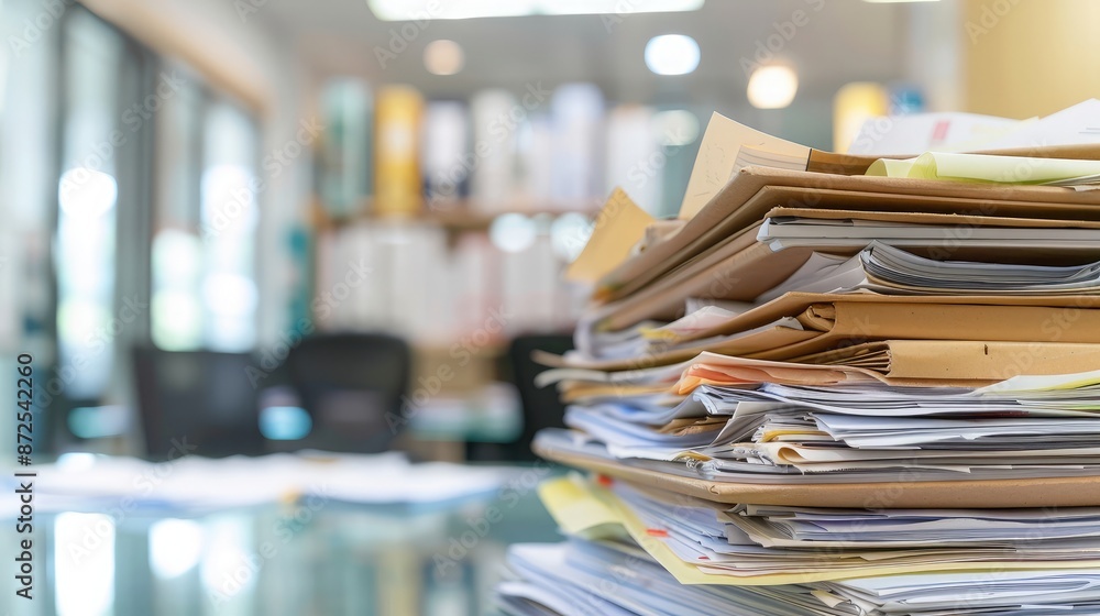 Poster close-up of a pile of reports and files with an office cubicle in the background