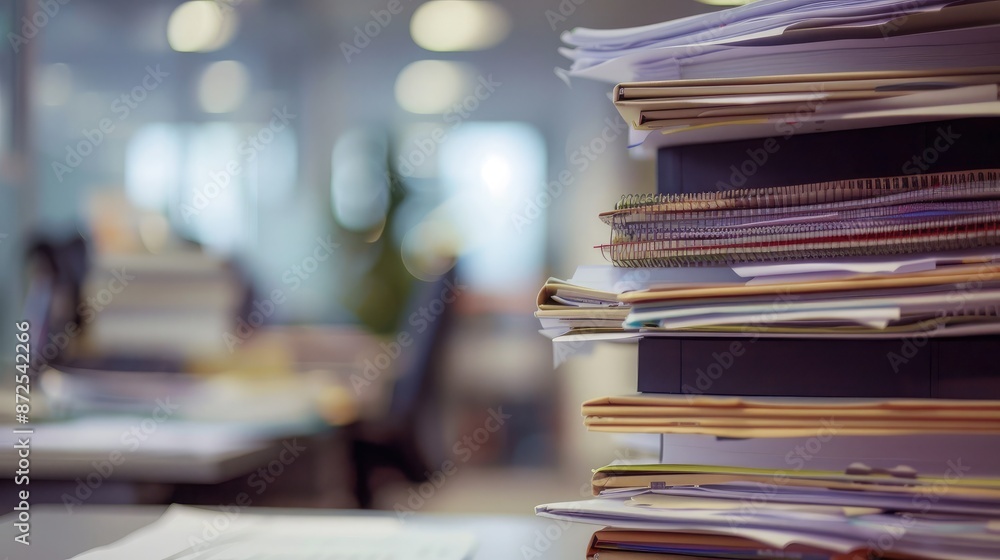 Poster close-up of a pile of reports and files with an office cubicle in the background