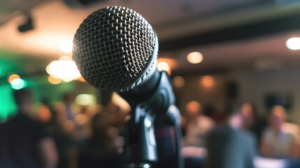 Close-up of a microphone with a blurred background of people attending a business seminar