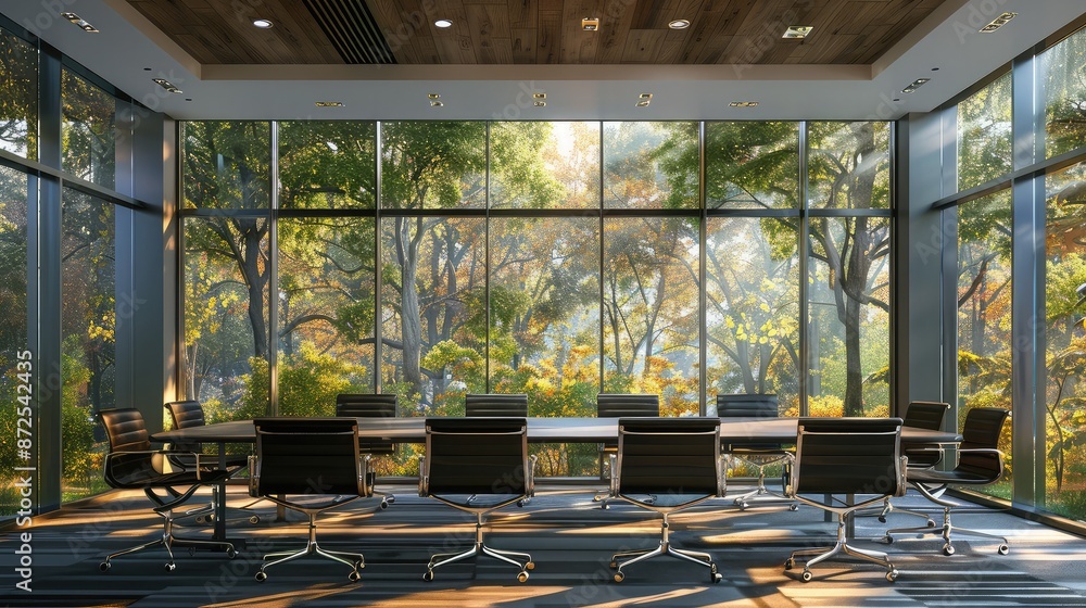 Poster conference room with a large window view of trees outside, blending nature with the workspace