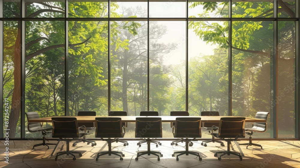 Poster conference room with a large window view of trees outside, blending nature with the workspace