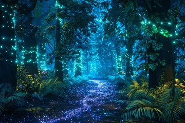 Obraz premium Enchanted Forest Path Illuminated by Twinkling Lights
