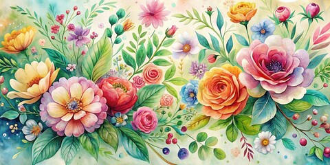 Vibrant watercolor flowers swirl together in a whimsical floral background, evoking the freshness of a spring garden, with delicate petals and lush greenery in soft hues.