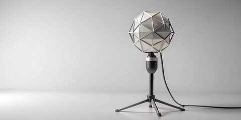 Isolated minimalist polygonal microphone stands alone on a pristine white background, showcasing sleek modern design and futuristic aesthetic in stunning 8K resolution.
