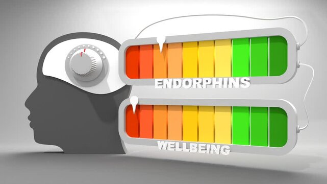 Abstract measuring device with human head icon. Influence of endorphins on wellbeing. Scales of cause and effect. 3D render