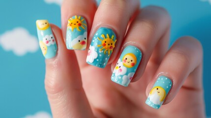 Cute Sun and Cloud Nail Art Design