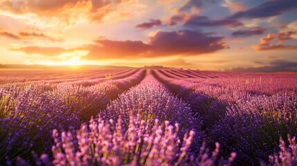 Obraz premium Capture the peaceful beauty of a lavender field at sunset, with rows of blooming lavender stretching into the distance and a warm, golden sky overhead.