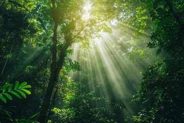 Obraz premium Sunbeams Filtering Through the Lush Rainforest Canopy