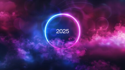 Glowing neon purple and blue themed circle with 2025 text in a vibrant, colorful smoke background