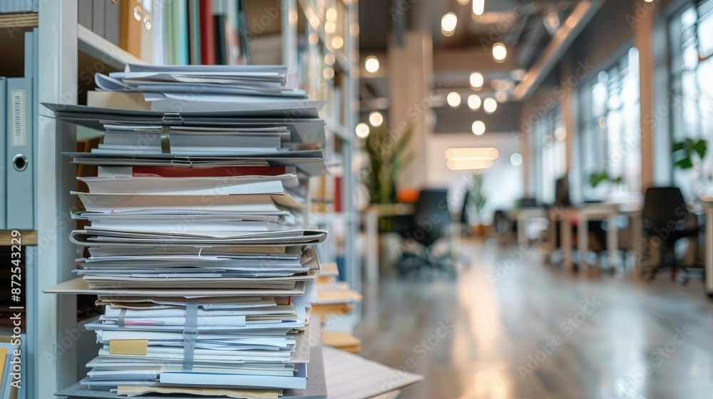 Poster high stack of documents on a filing cabinet, open office space visible in the background
