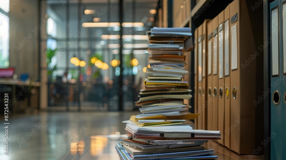 Aufkleber high stack of documents on a filing cabinet, open office space visible in the background