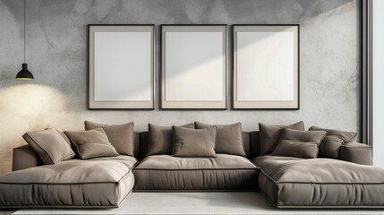 Frame mockup, modern living room interior with comfortable sofa