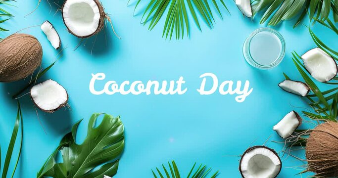 Create a tropical-themed copy space background for World Coconut Day, featuring lush coconut palms, refreshing coconut water, and vibrant island motifs