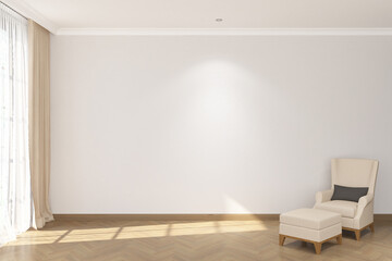 3d render of minimal interior design light gray wall mock up side the window with armchair. Wood parquet floor and white ceiling. Set 5