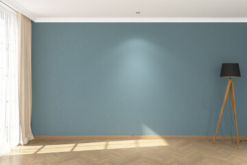 3d render of minimal interior design blue wall mock up side the window with standing lamp. Wood parquet floor and white ceiling. Set 2