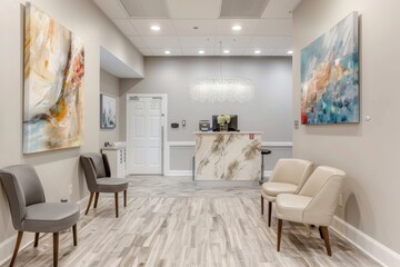 Modern Waiting Area with Abstract Art and a Marble Counter