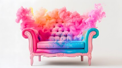 A colorful, vintage-style sofa with vibrant pink, blue, and yellow paint splatters. The paint appears to be swirling and moving, creating a dynamic and whimsical scene.