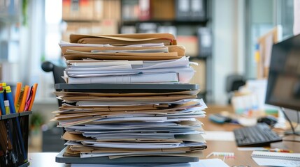 Overloaded inbox tray with stacks of paperwork in an administrative office
