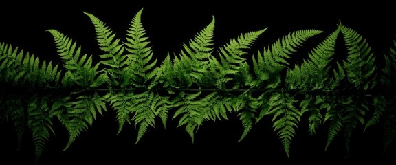 Fototapeta premium Green leaves Low key Fern fronds black backdrop abstract pattern